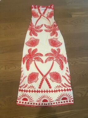 SHEIN White and Red Tropical Palm Print Strapless Maxi Dress- never worn